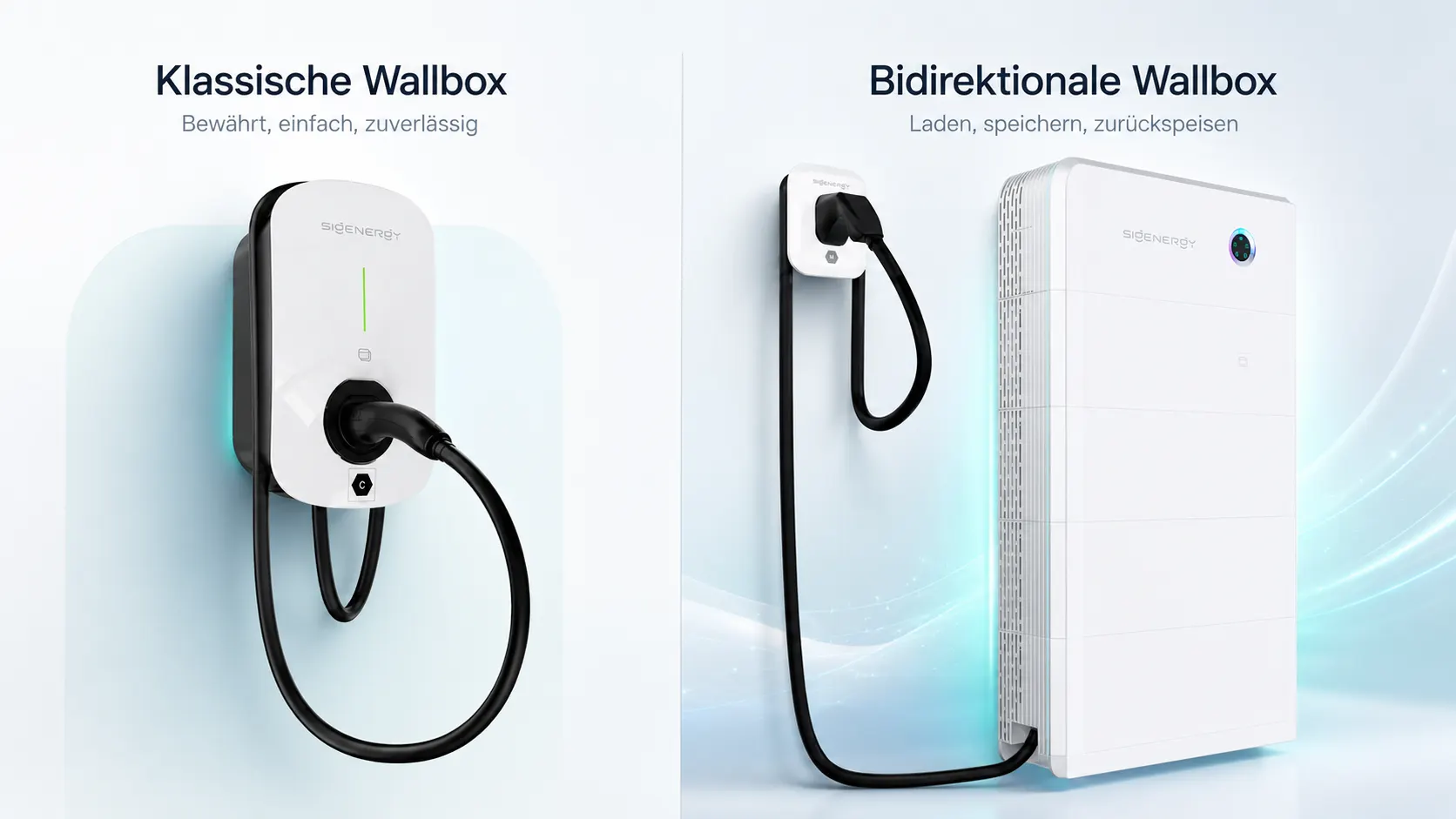 Wallbox mit ladendem Elektroauto vor modernem Wohnhaus